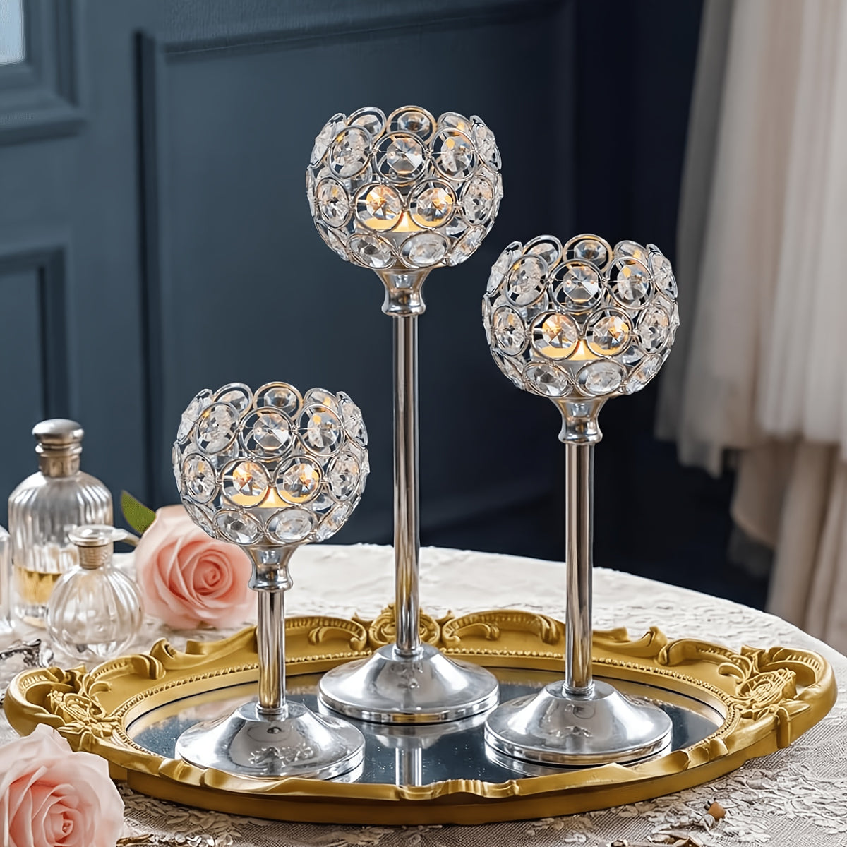 3pcs Crystal Candle Holder, Windproof Candle Holder, Christmas, Halloween Candlelight Dinner Photo Props, Wedding Anniversary Wedding Decoration, Home Hotel Decoration, Birthday Gift, Suitable for Table Center Decoration, Wedding, Catering