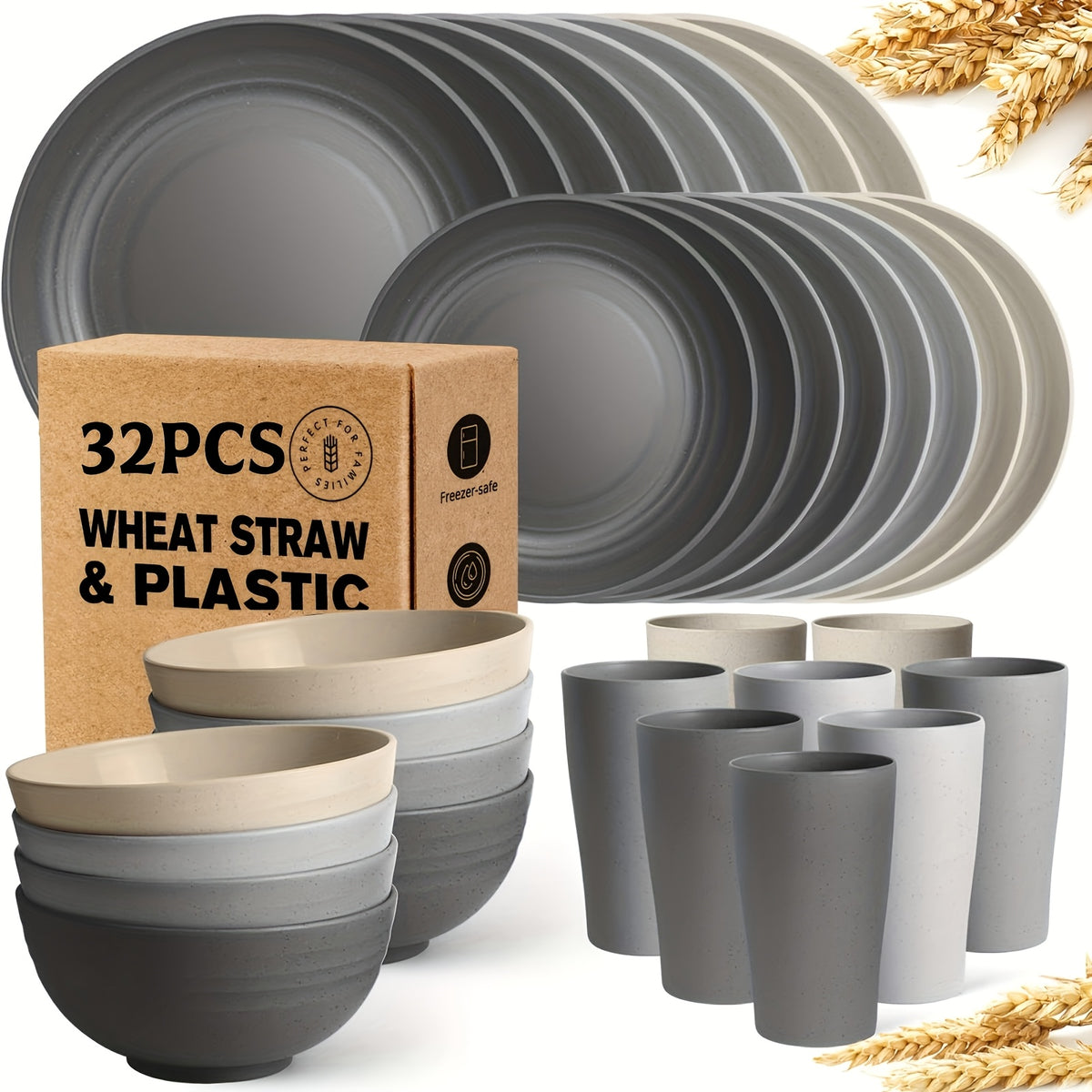 32/16pcs Wheat Straw Large Size Tablesware Set, Unbreakable Modern Dish Set-Plate/Dessert Plate/Bowl/Cup, Lightweight Wheat Straw Dinnerware Set, Dishwasher And Microwave Safe, Lightweight Tableware, Gift for Chrismas