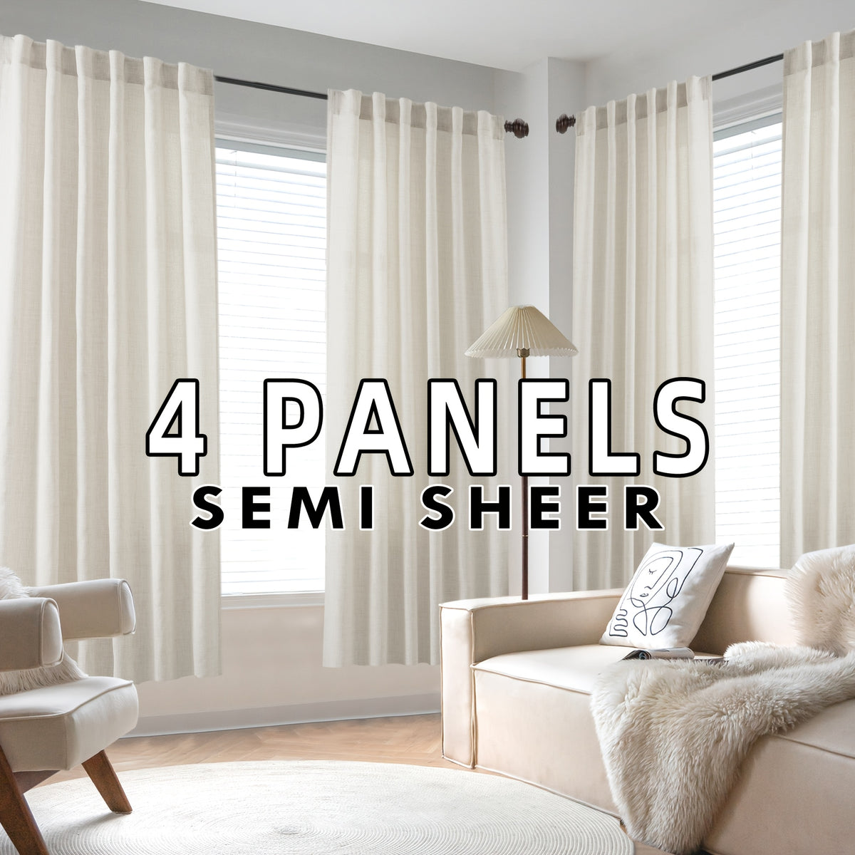 4 Panels Natural Linen Curtains for Living Room Semi Sheer Farmhouse Real Flax Rod Pocket Back Tab Boho Rustic Light Filtering Window Drapes for Bedroom Privacy Assured