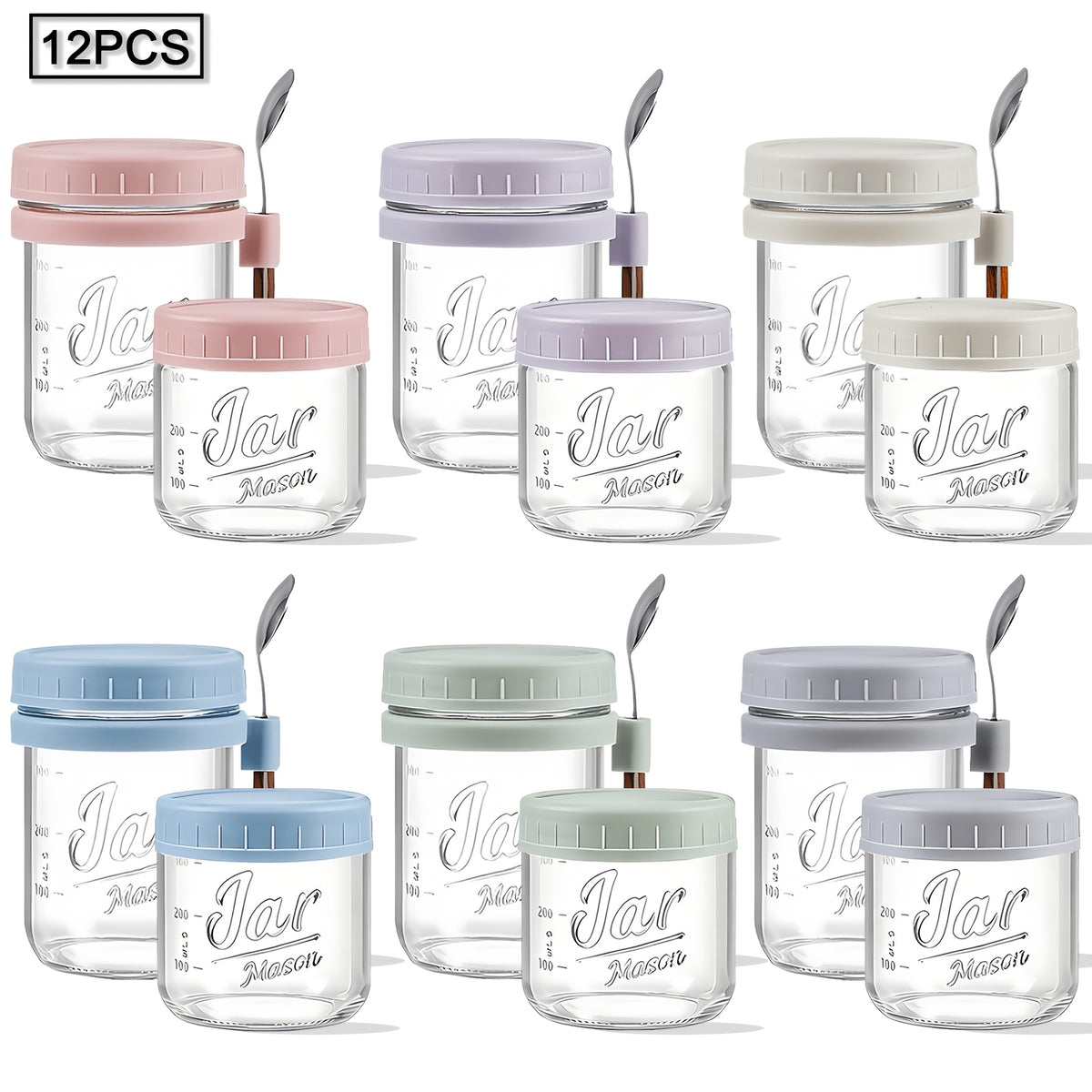 4/6pcs(16oz), 8pcs(4pcs 16oz+4pcs 4oz), 12pcs(6pcs 16oz + 6pcs 4oz), Overnight Oats Containers with Lids And Spoons, Glass Mason Overnight Oats Jars, Large Capacity Airtight Jars for Milk, Cereal, Fruit