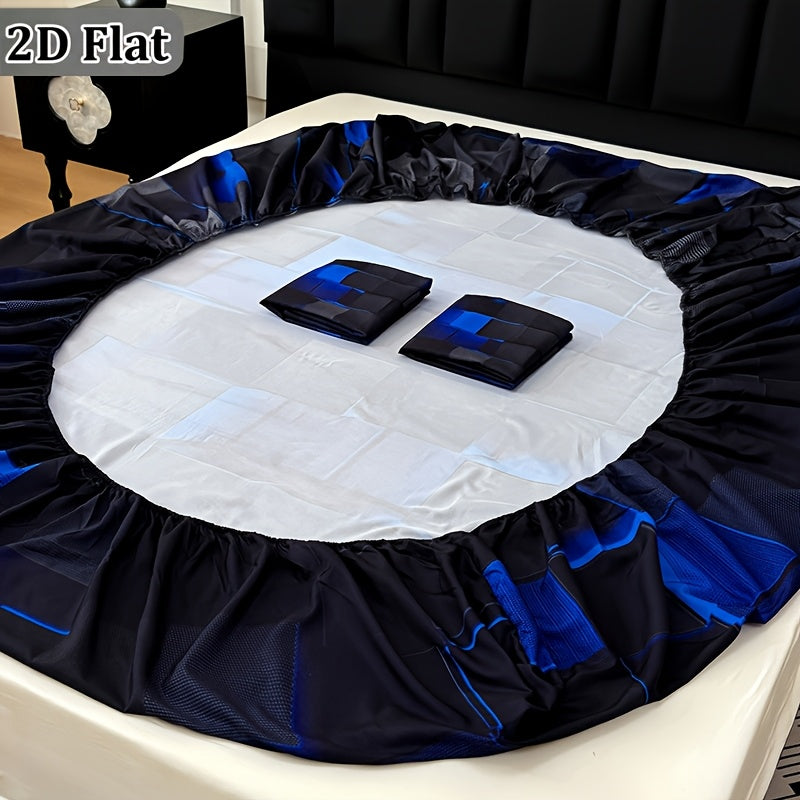 2D Flat 3pcs Cool Technology Digital Printing Material Plaid Fitted Sheet(1pc Bed Sheet+2pcs Pillowcase No Filling)Deep Pocket In 15 Inch At Home Dormitory Suitable for All Seasons Mattress Protector