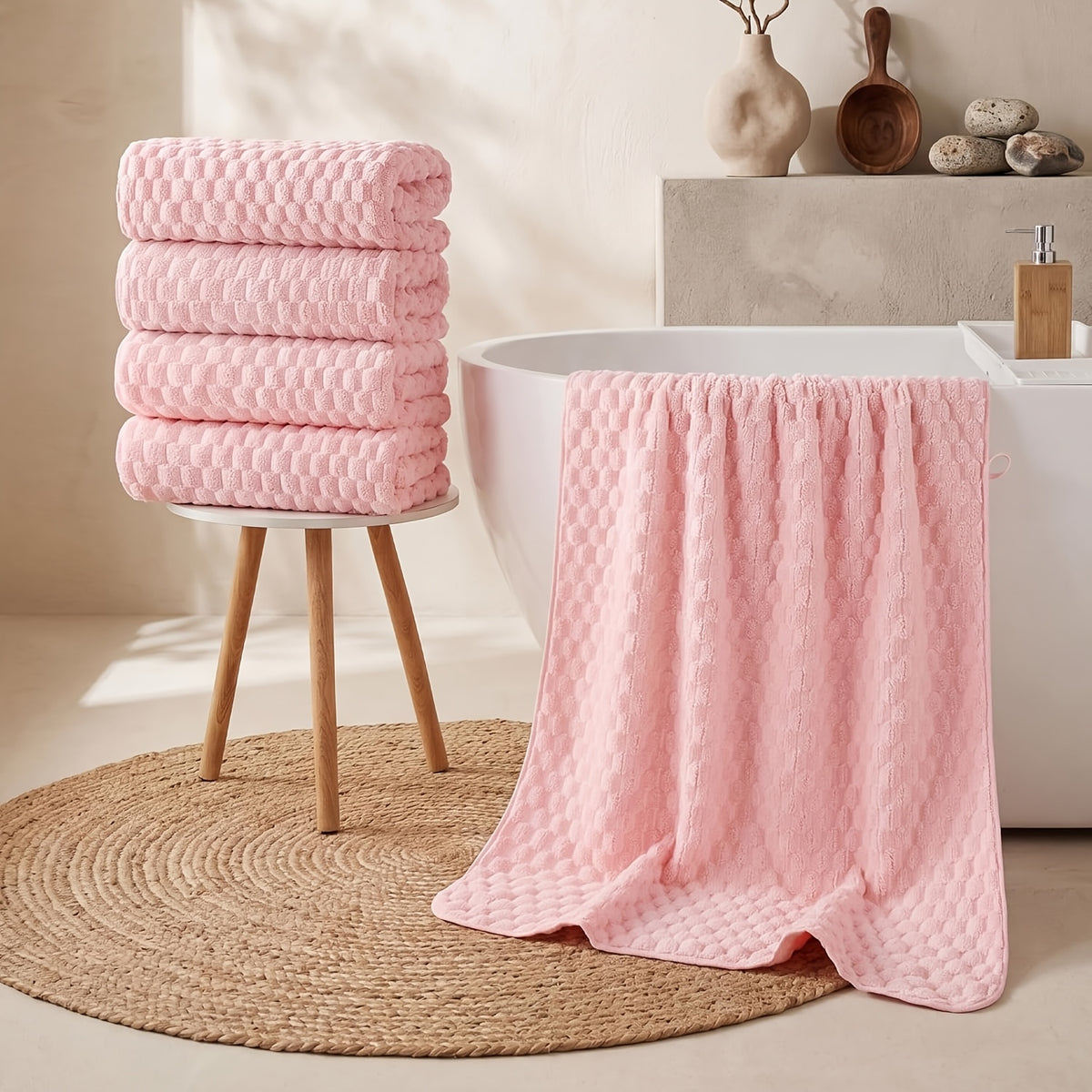 [5pcs Coral Fleece Towels] 5pcs Coral Fleece Bath Towel Set, 4 Soft Absorbent Bath Towels 27" X 55" with Hair Drying Cap, Quick Dry Plush Towels with Hanging Loop for Bathroom, Shower, Home