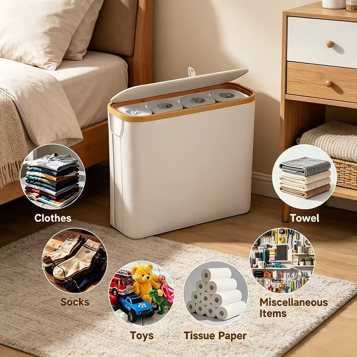 Large Capacity Bamboo Paper Towel Storage Basket | Holds 9-12 Rolls, Dustproof, Beautiful Toilet Paper Storage, 600D Oxford Cloth, Black, Beige, and Gray Colors, Suitable for Modern Fashion Bathroom, Toilet Paper Storage Containers