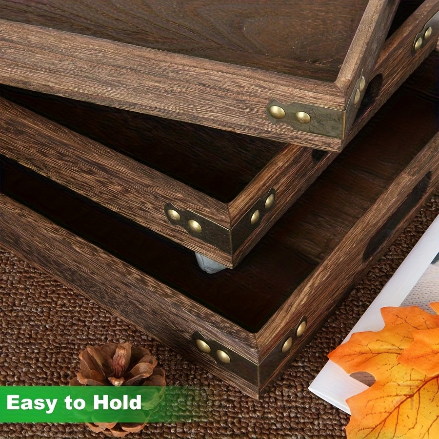Rustic Serving Tray Set of 7, Rectangular Trays with Handled Large Tray for Tea, Coffee, Snack Displays and Vintage Kitchen or Living Room Styling