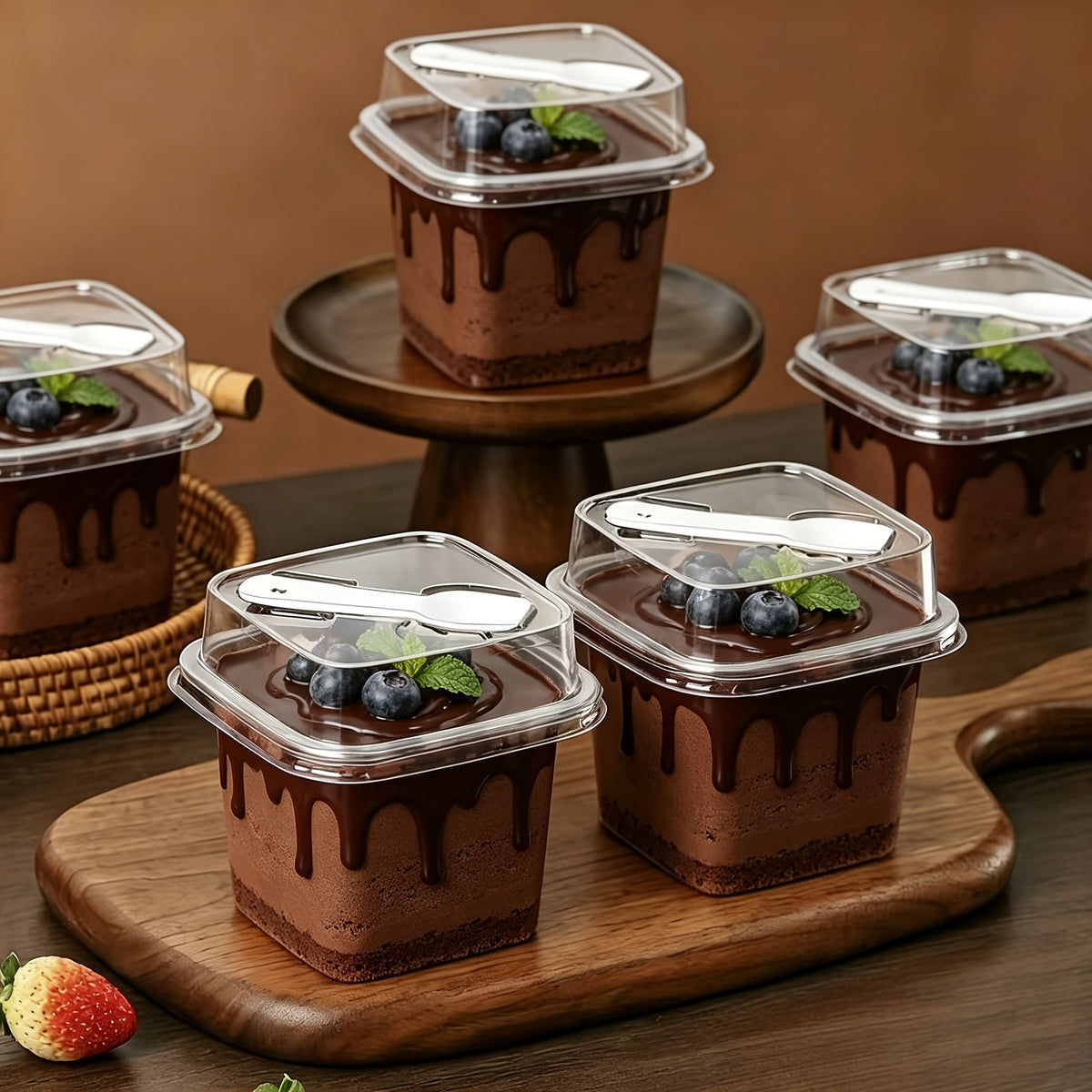 [30pcs Dessert Boxes] 30pcs PET Transparent Square Dessert Boxes, Including (Cake Cup And Lid And Spoon) Dessert Packaging Box With Spoon, Sealed And Leak-Proof, Baking Mille-Feuille Mousse Cake Packaging Container, Suitable For Cakes, Mousses, Fruits, Ic