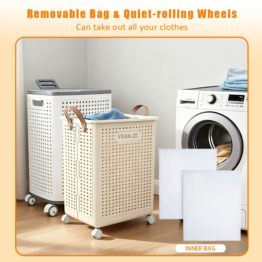 Large And Medium Foldable Ceramic White Laundry Baskets - Pu Leather, Hand Washable, Solid Color, Multi-Functional Portable RV Dirty Clothes Hamper with Wheels for RV Bathroom And Balcony Storage with 2 Stickers