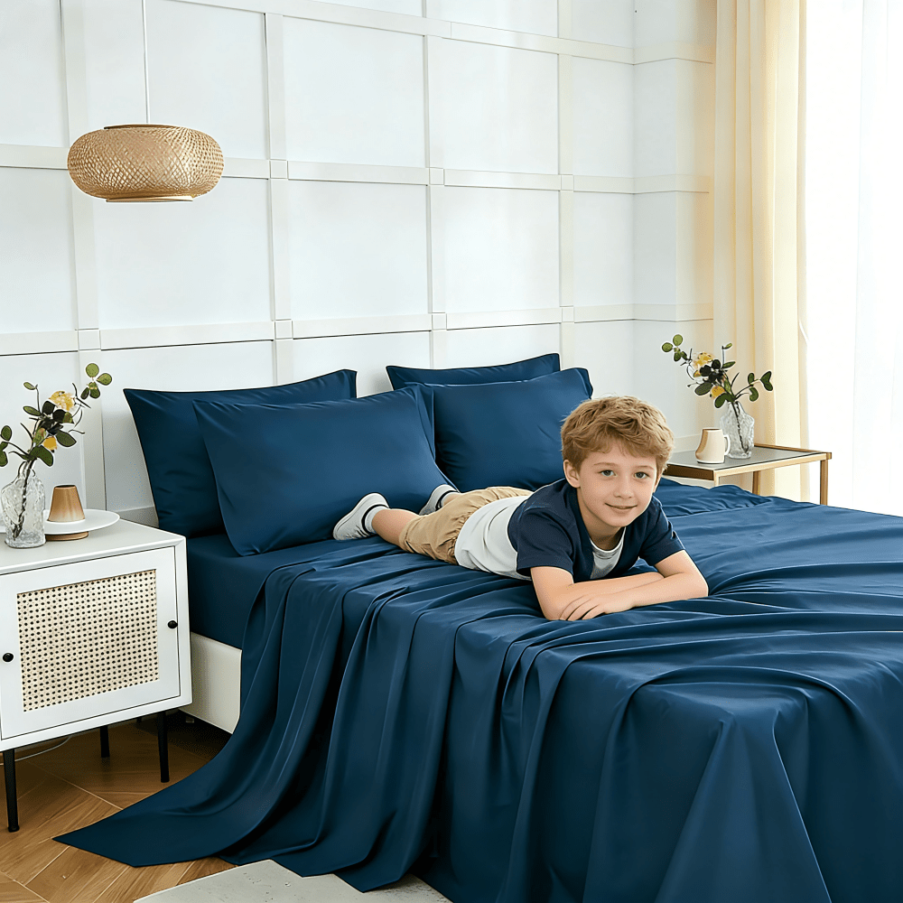 Set of 4 Cooling Bamboo Bed Sheets, 3000 TC Extra Deep Pocket 20 Inch Sheets, Luxurious Soft Hotel & Cooling Sheets for Warm Sleepers, Wrinkle & Shrink Resistant, Includes Fitted Sheet, Flat Sheet, And Pillowcases, Available in Twin, Full, Queen