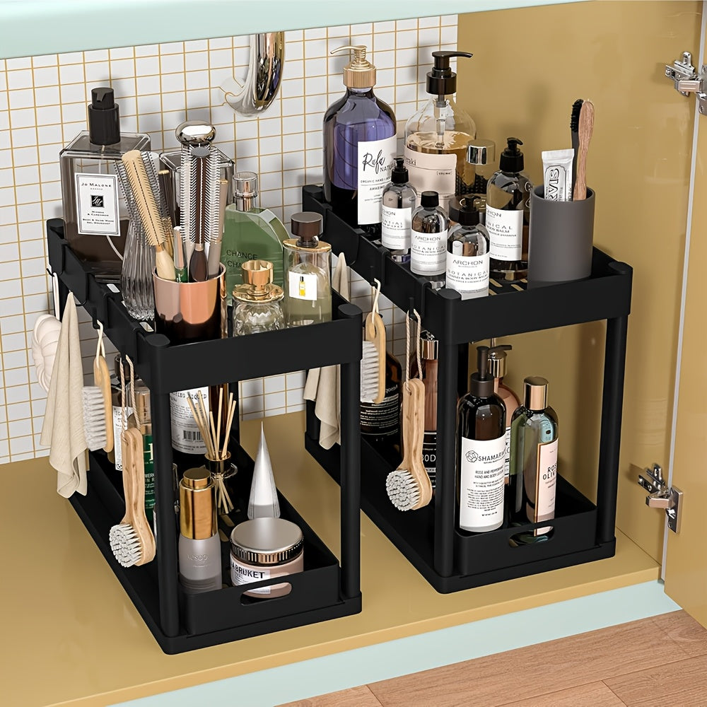 Set of 2 Under-Sink Organizers, Bathroom Cabinet Storage Solution, Dual-Tier Sliding Basket Drawers, Versatile Bath Collection Baskets for Under-Counter Storage with 8 Hooks