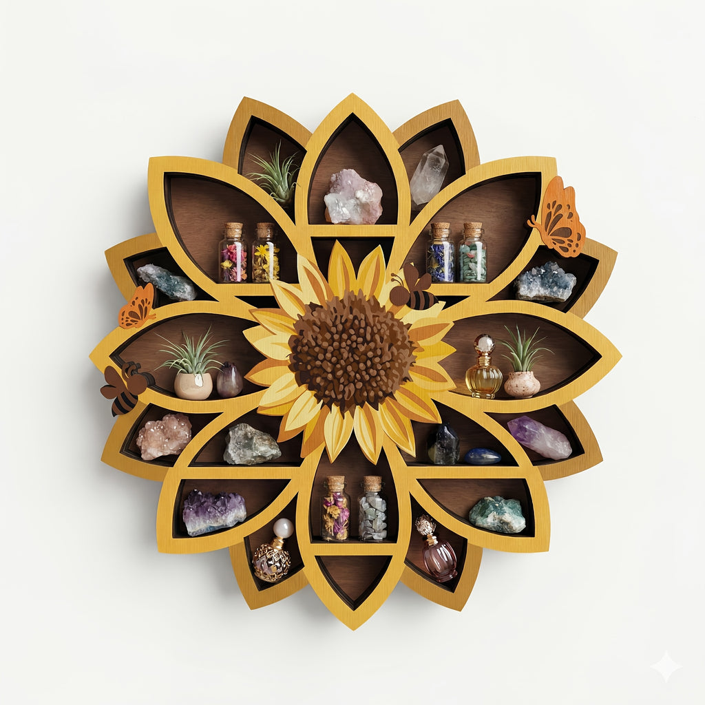 FNYDOXGI 1pc Wooden Sunflower Floating Shelves Wall-Mounted Organizer - UV Printed Spiritual Decor with Gemstones, Essential Oils & Meditation Art, Multi-Functional Storage for Living Room, Meditation Space, Meditation Room Decor, Vibrant Wall Art