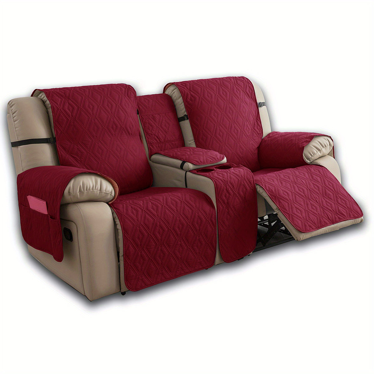 4pcs/set Loveseat Recliner Cover with CenterConsole|100% Waterproof Pet Coverfor Dual Recliner with Straps Design|Split Reclining Loveseat Cover Furniture Pet Protector, Valentine's Day Home Decorations