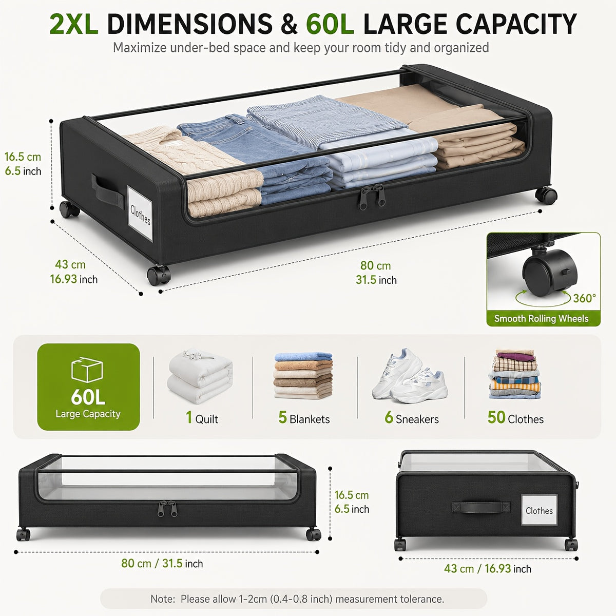 2-Pack Under Bed Storage with Wheels: XXL 17.17gal Underbed Storage Containers with Clear Lids - Rolling Drawers And Bins for Shoes, Clothes in Dorm Bedroom - Space-Saving Easy Pull-Out, Black, Under-Bed Storage