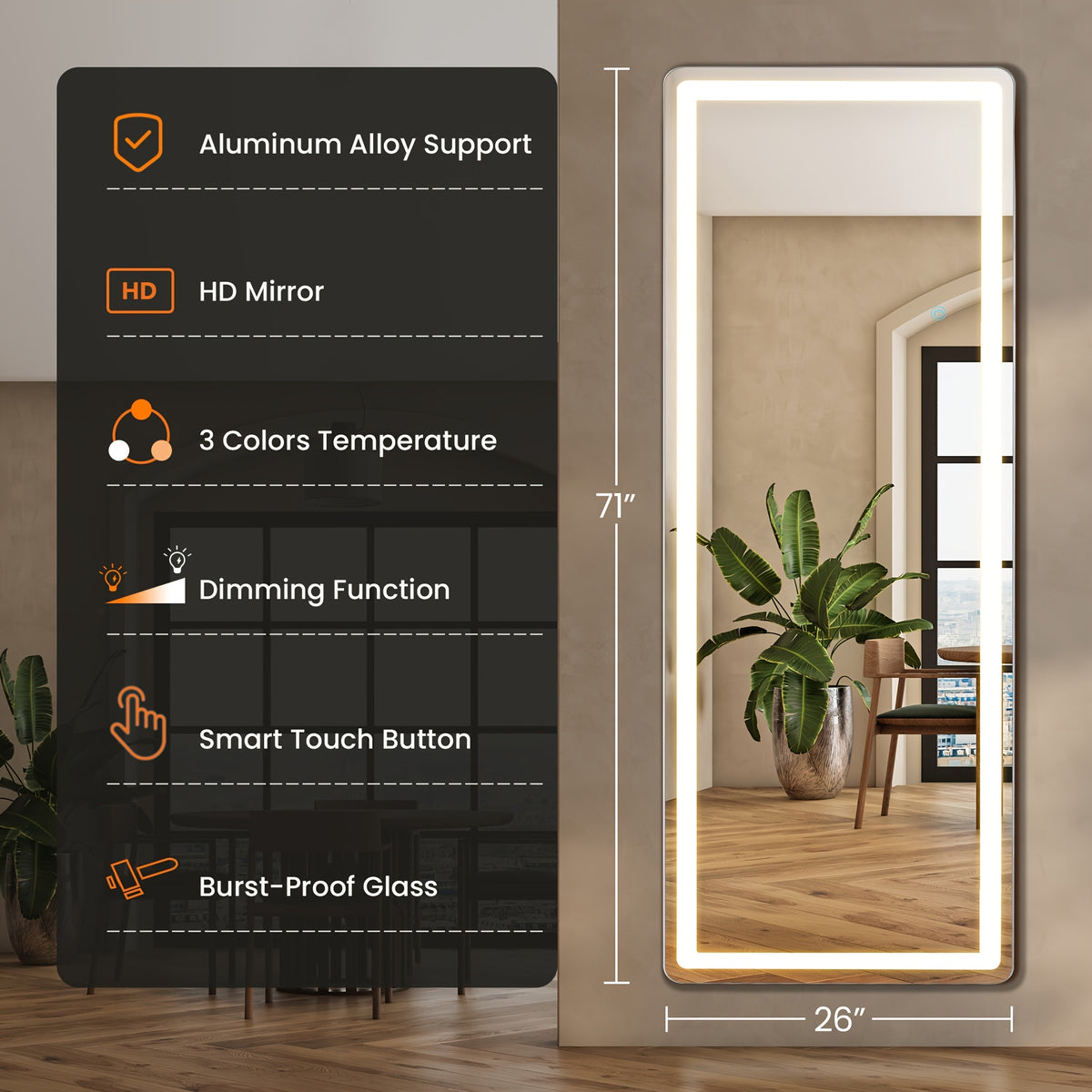 Full Length Mirror with Lights, LED Full Length Mirror, Lighted Full Body Length Light Up Mirror Touch, Free Standing Mirror, Wall Mounted/ Leaning Mirror