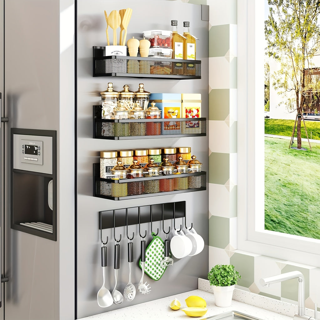 Magnetic Spice Rack For Refrigerator, Magnetic Shelf, Moveable Fridge Organizer With 8-Hook Rack, Seasoning Organizer For Kitchen