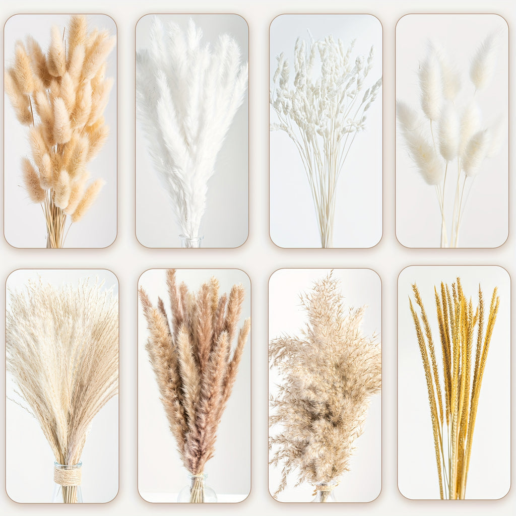 Dried Pampas Grass Decor, 120pcs Pampas Grass with Bunny Tails Dried Flowers, Reed Grass Bouquet for Wedding, Boho Flowers, Home Table Decor, Rustic Farmhouse Party