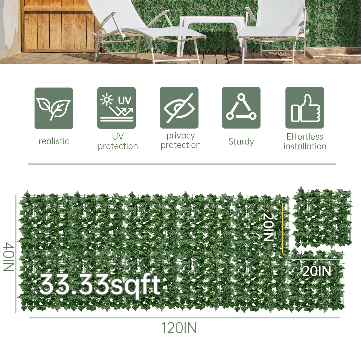 60X120in Artificial Ivy Privacy Fence Screen: Realistic UV-Anti Faux Ivy Hedge Panel, Indoor And Outdoor Decor for Patio, Garden, Balcony, And Fence Cover
