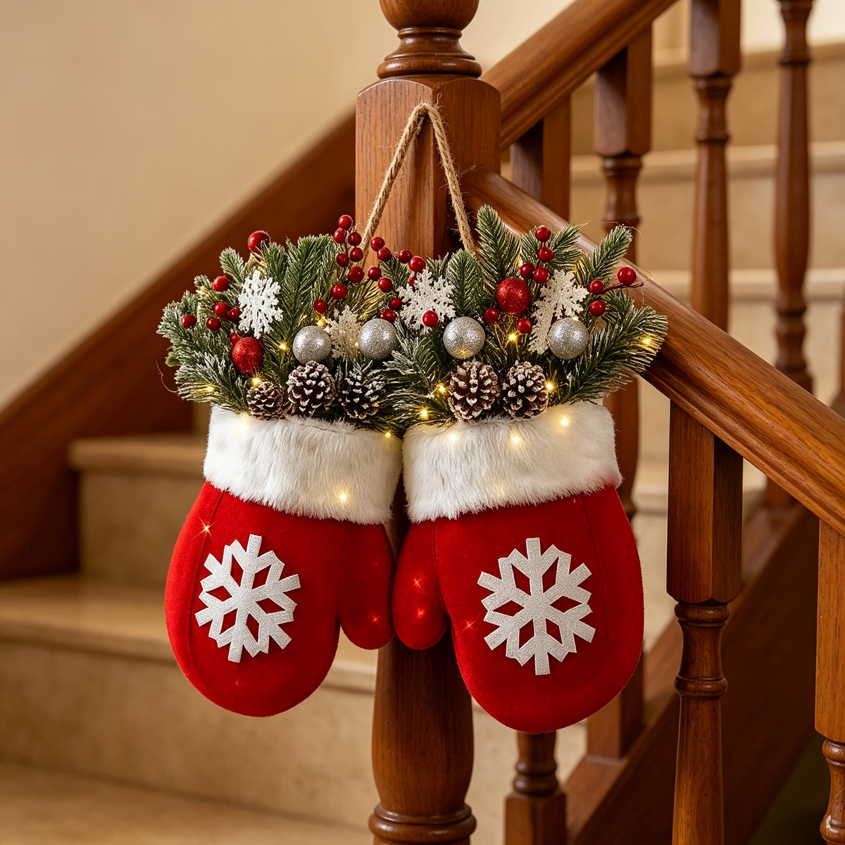 Flashing Christmas Glove Wreath With 20 LED, Christmas Wreath For Front Door With Artificial Pine Branches, Red Berries, And Frosted Pine Cones, Suitable For Indoor/Outdoor Decoration, Used For Christmas Tree, Wall Decoration
