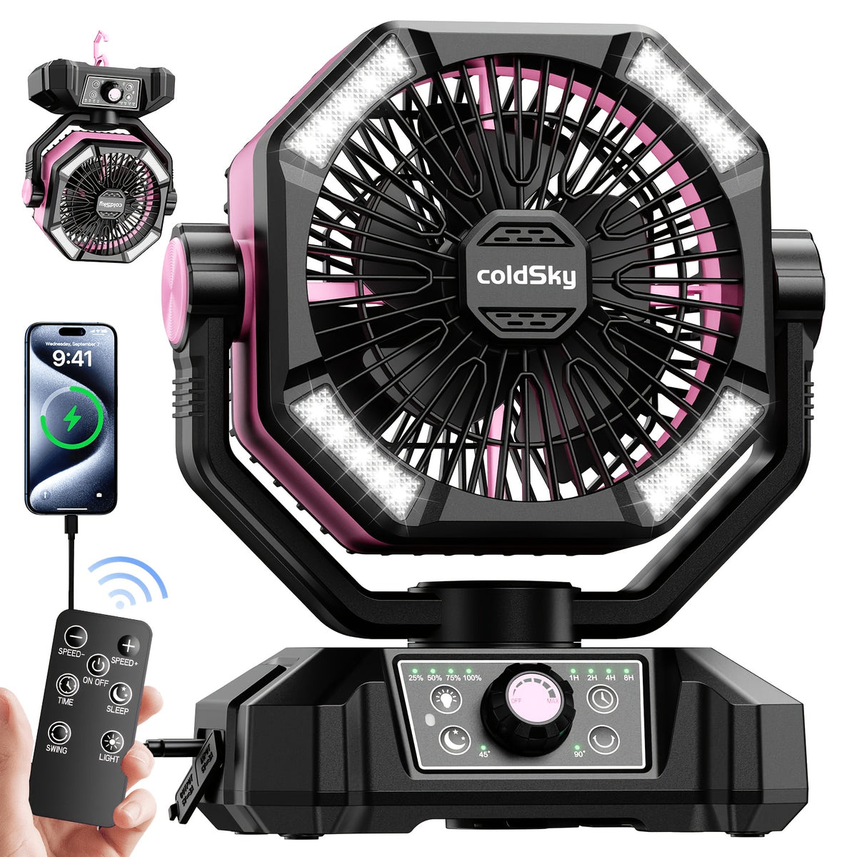 20000Mah Battery Powered Camping Fan - Dual Motor, 8-Speed with Remote Control & 4 LED Lanterns, Portable Outdoor Fan with Hook for Tent, Power Outage, Construction Site, For Outdoor Camping Travel