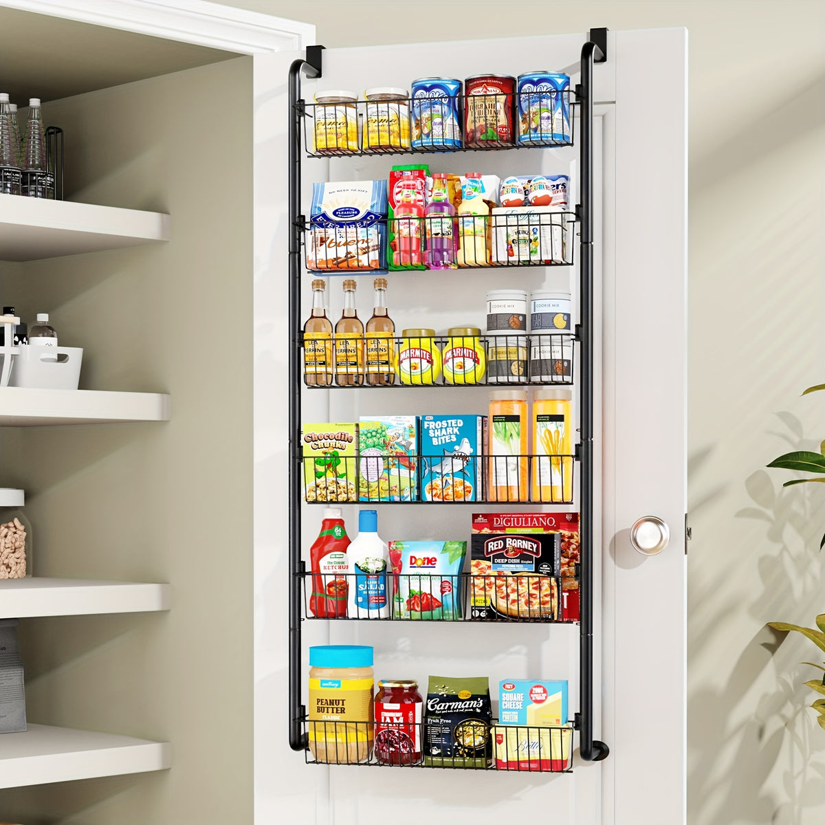Metal Over Door Pantry Rack, 6 or 8 Tier Hanging Storage Organizer in Black or White for Spices, Packaged Foods, Bathroom Essentials and Laundry Supplies