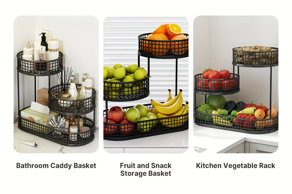 Large Capacity 3-Tier Black Metal Fruit Basket, Efficient Kitchen Organization, Perfect for Fruits, Vegetables, Bread, Snacks
