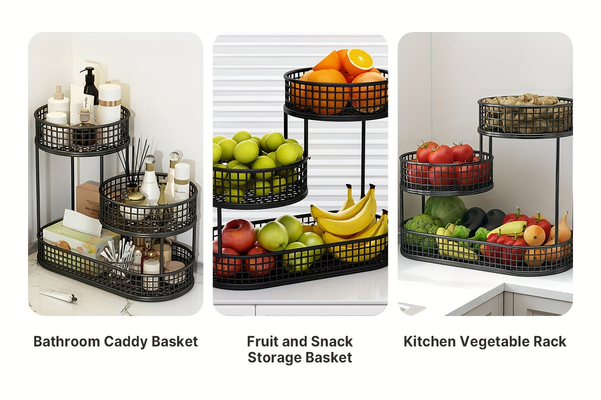 Large Capacity 3-Tier Black Metal Fruit Basket, Efficient Kitchen Organization, Perfect for Fruits, Vegetables, Bread, Snacks