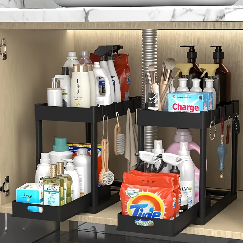 [2pcs Under Sink Organizer] Under Sink Organizer 2pcs, Under Sink Organizers And Storage, Double-tier Sliding Storage Basket, Kitchen Accessories, Kitchen Storage Solutions, Bathroom Organizers And Storage, Storage Rack with 8 Hooks.