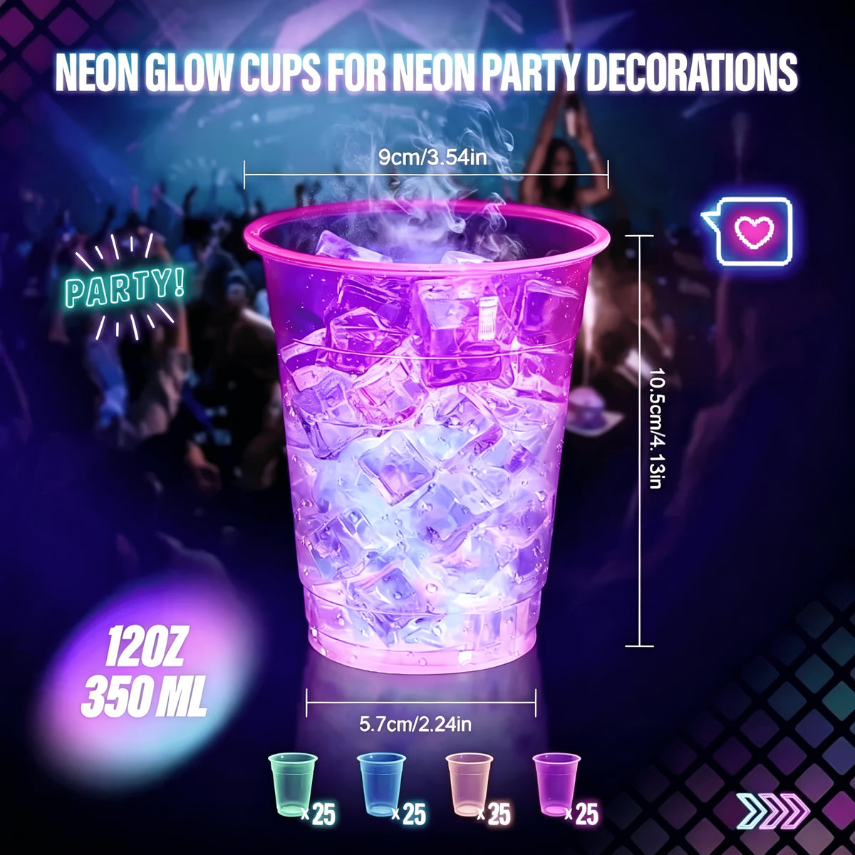 100pcs Plastic for Neon Cups, 12/16Oz Disposable Glowing Cups for Neon Party Decorations, Colorful Glow-In-The-Dark Suitable for Carnival Parties, Christmas, Thanksgiving, Halloween Holidays
