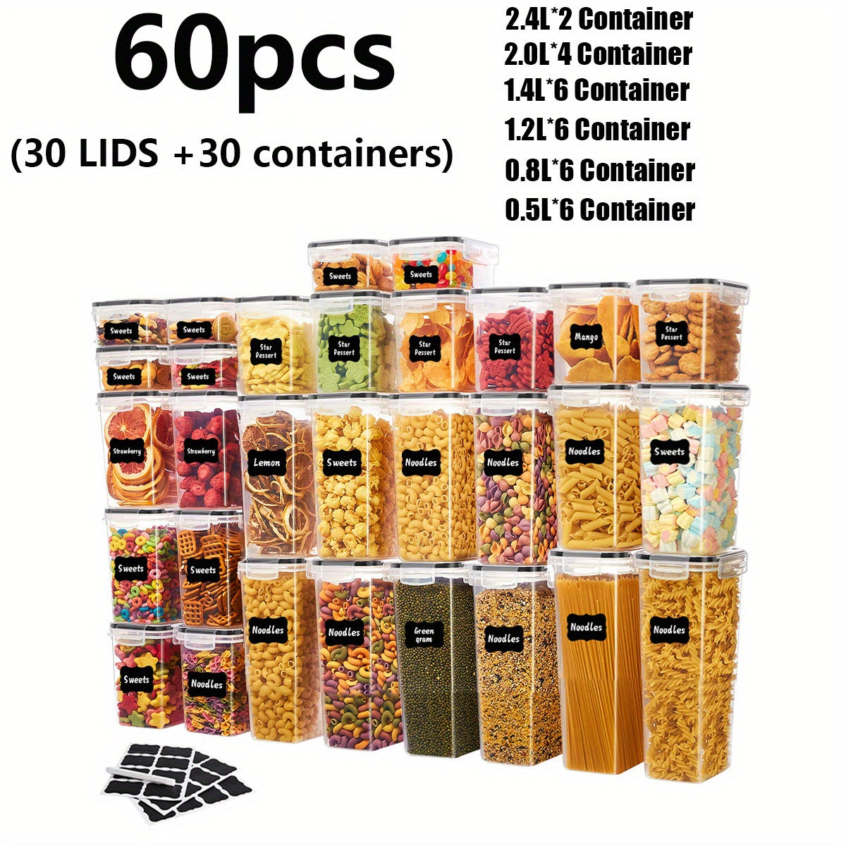 24/30/48/60PCS Airtight RV Stove And Range with Lids - Perfect for Organizing And Storing Kitchen Food Pantries, Grain, Auto Supplies, Accessories, Interior Parts And Accessories, Kitchenware, Kitchen Appliances (12/15/24/30 Lids + Containers).