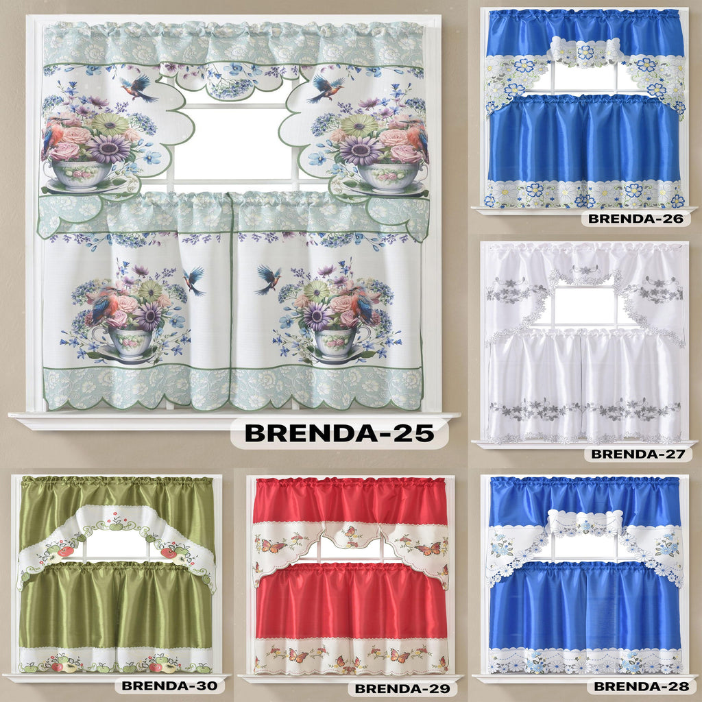 3pcs Bamboo Embroidered Kitchen Curtain Set, Floral Embroidery, Lightweight and Soft, Easy Care, Machine Washable, Satin Fabric, Embroidered