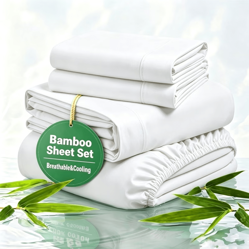 4pcs Bamboo Fiber Sheet Set, 2200 Thread Count Silver Ion Sheet Set, Suitable for Heat-Sensitive Individuals, Cool, Soft And Breathable, 16-18 Inch Deep Pocket Sheets, Suitable for Hotels, Hospitals, Schools, Dormitories, Local Warehouses