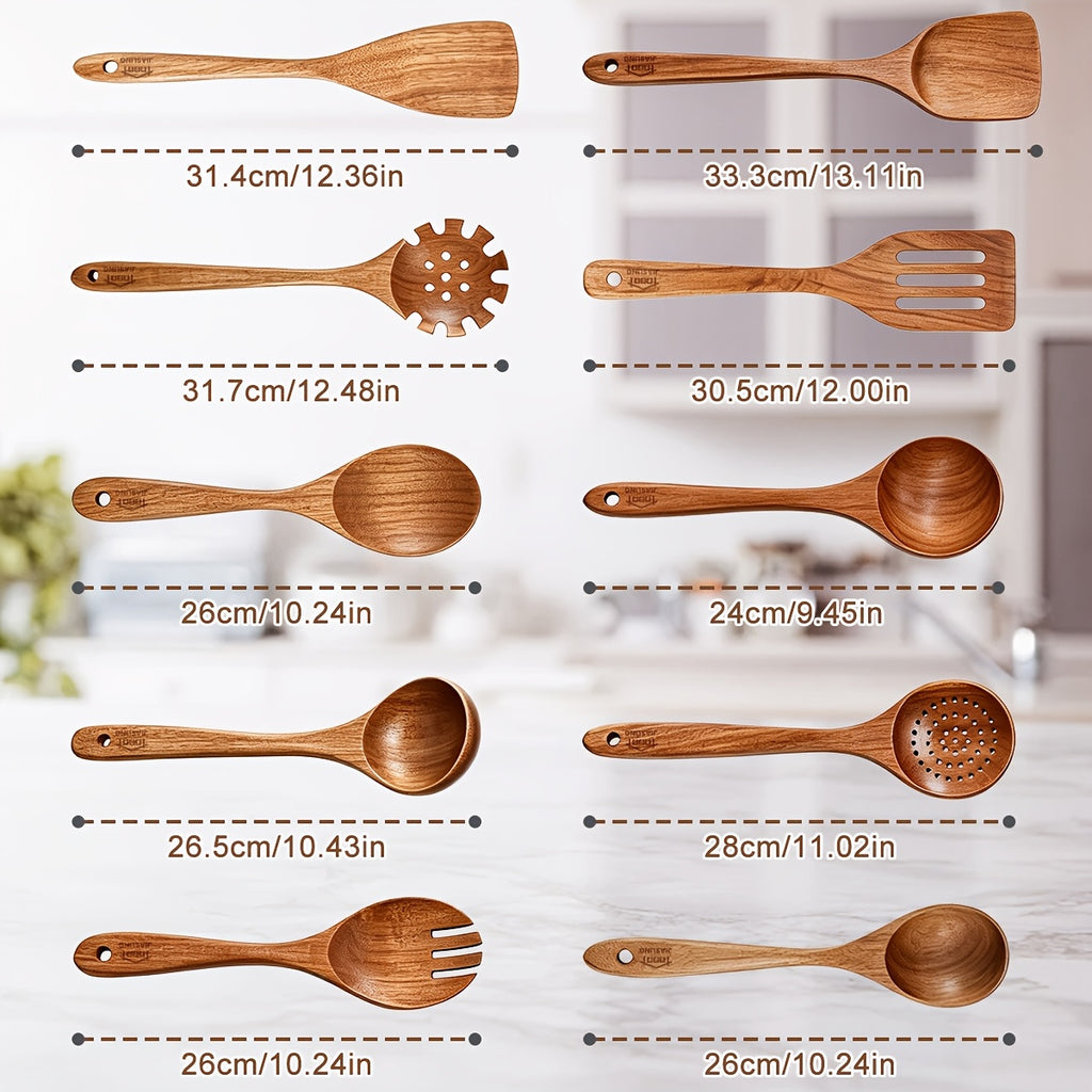 10pcs Wooden Spoons for Cooking, Natural Teak Wooden Kitchen Utensils Set Non-Stick Kitchen Pan Toolset Wooden Utensils for Cooking Wooden Cooking Utensils Wooden Spatulas for Cooking