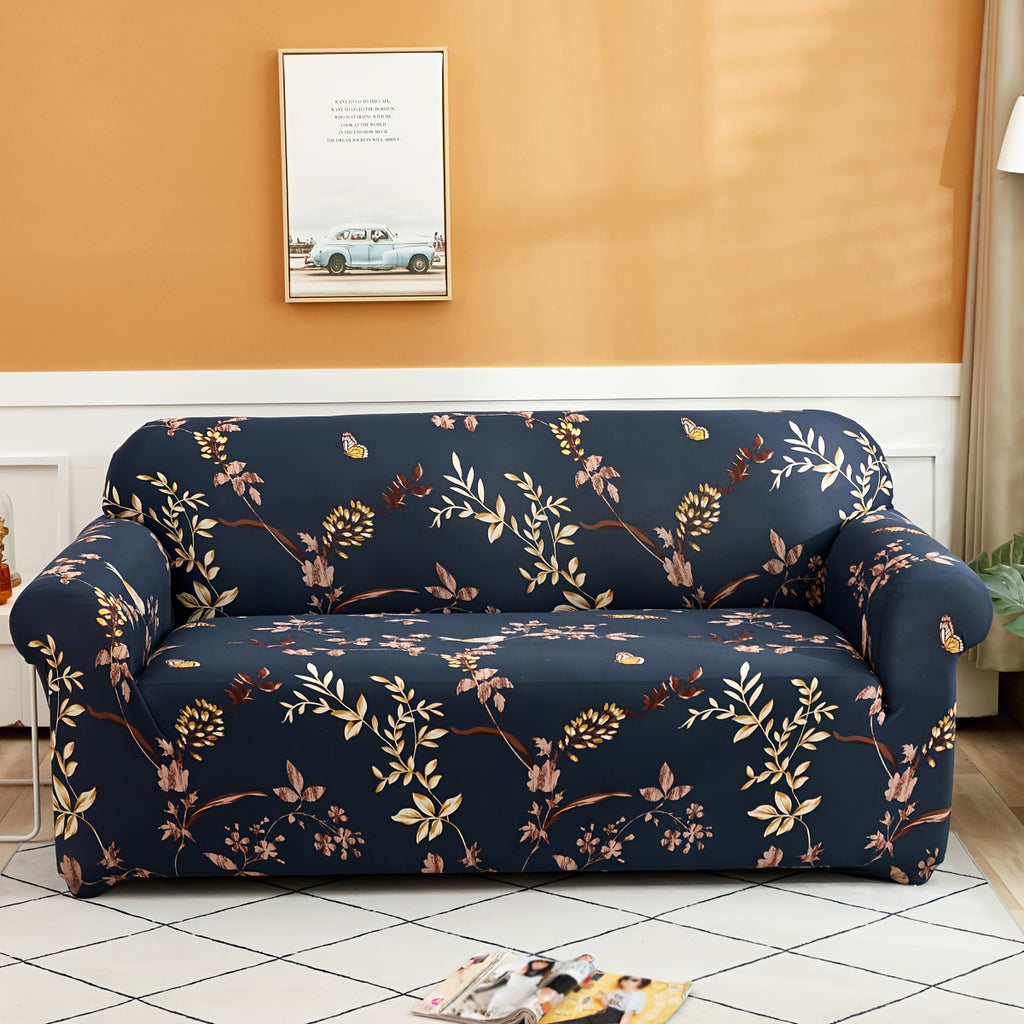 Modern Stretch Full-Size Sofa Cover - High-Stretch Polyester Blend, Non-Slip & Machine Washable, Digital Print Telescopic Fit for 1-4 Seater Sofas, Home & Office Dual-Use, Contemporary Style, Furniture Protector, Floral Pattern, Snug Elastic, Furniture Sl