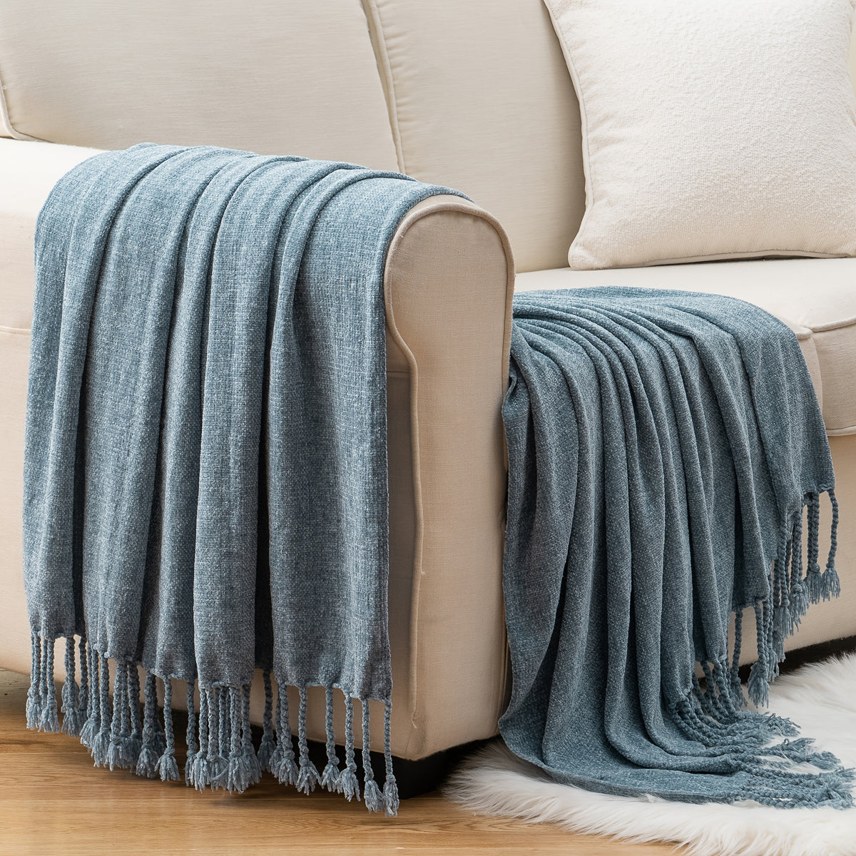 Decorative Fringe Velvety Throw Blanket for Sofa Home Decor, Chenille Throw Blanket for Couch, 50"x60"