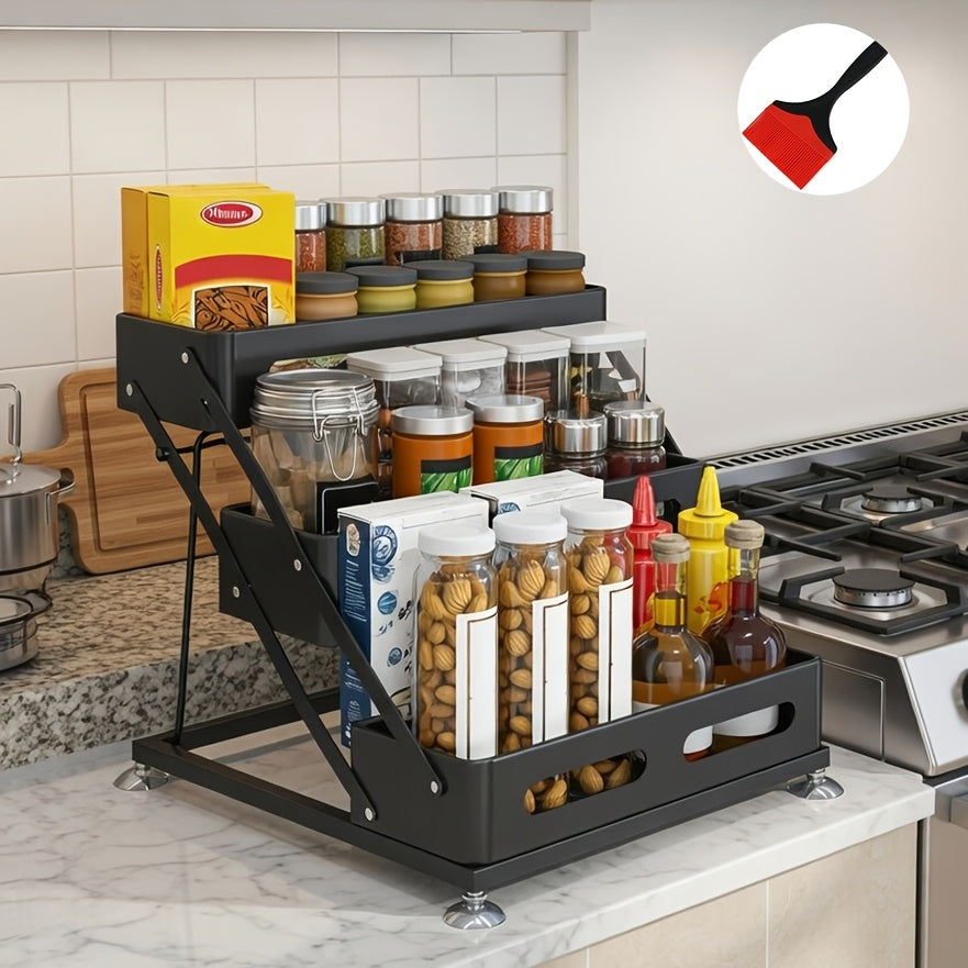 3-Tier Foldable Cast Iron Spice Rack Organizer with Safety Rails - Space-Saving Countertop & Cabinet Storage for Kitchen, Pantry - Durable Painted Finish, Holiday-Themed Design, Kitchen Spice Organizer, Space Saver, Sleek Metal Style, Sturdy Construction