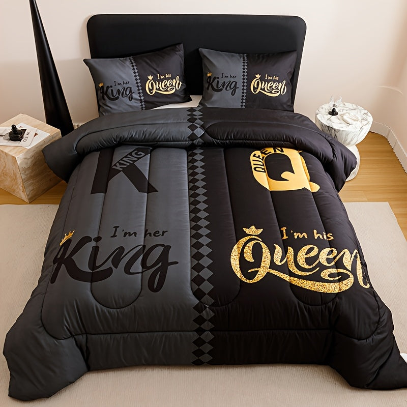 Tog 3 3pcs Super Soft Breathable Black Grey Color Blocking Crown Letter Thickening Quilt Set (1 Comforter +2 Pillowcases Without Pillow Core), Contains Padding 180gsm Quilting Soft Ventilate Digital Printing Bedroom Dormitory At Home