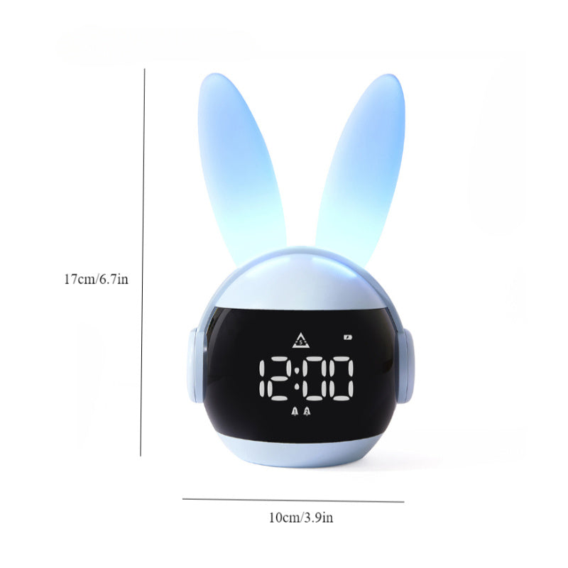 Rabbit Ear Alarm Clock with Dimmable Night Light, USB Rechargeable LED Digital Bedside Clock in Blue or Pink for Bedroom and Desk Decor
