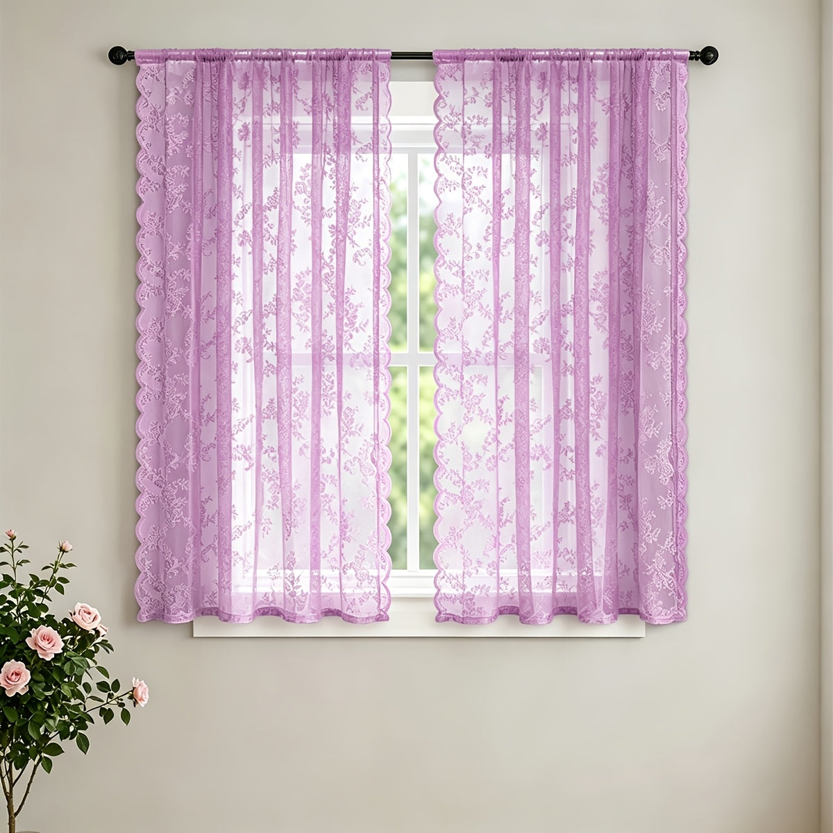 Set of Two White Lace Curtains with Floral Designs, Featuring a Bohemian Style And Semi-Transparent Fabric That Filters Sunlight. Suitable for All Seasons