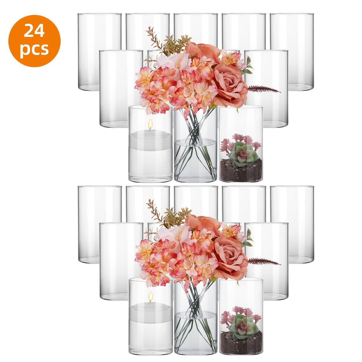 12/24pcs Glass Cylinder Vases for Centerpieces, Flower Vases Wedding Decorations, Floral Vase Bulk for Home DecorBanquet Party Festival Wedding Home Restaurant Table Decor, 6x3.4in
