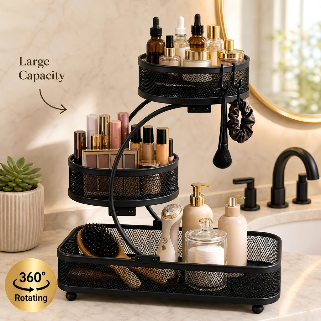 3-tier Metal Bathroom Storage Rack, Includes A Spray Bottle | Hooks - Space-saving Countertop Organizer For Cosmetics, Skincare, And Toiletries | Rust-resistant Diamond Mesh Design | Sturdy And Durable, Suitable For Vanities, Bathrooms, Wardrobes