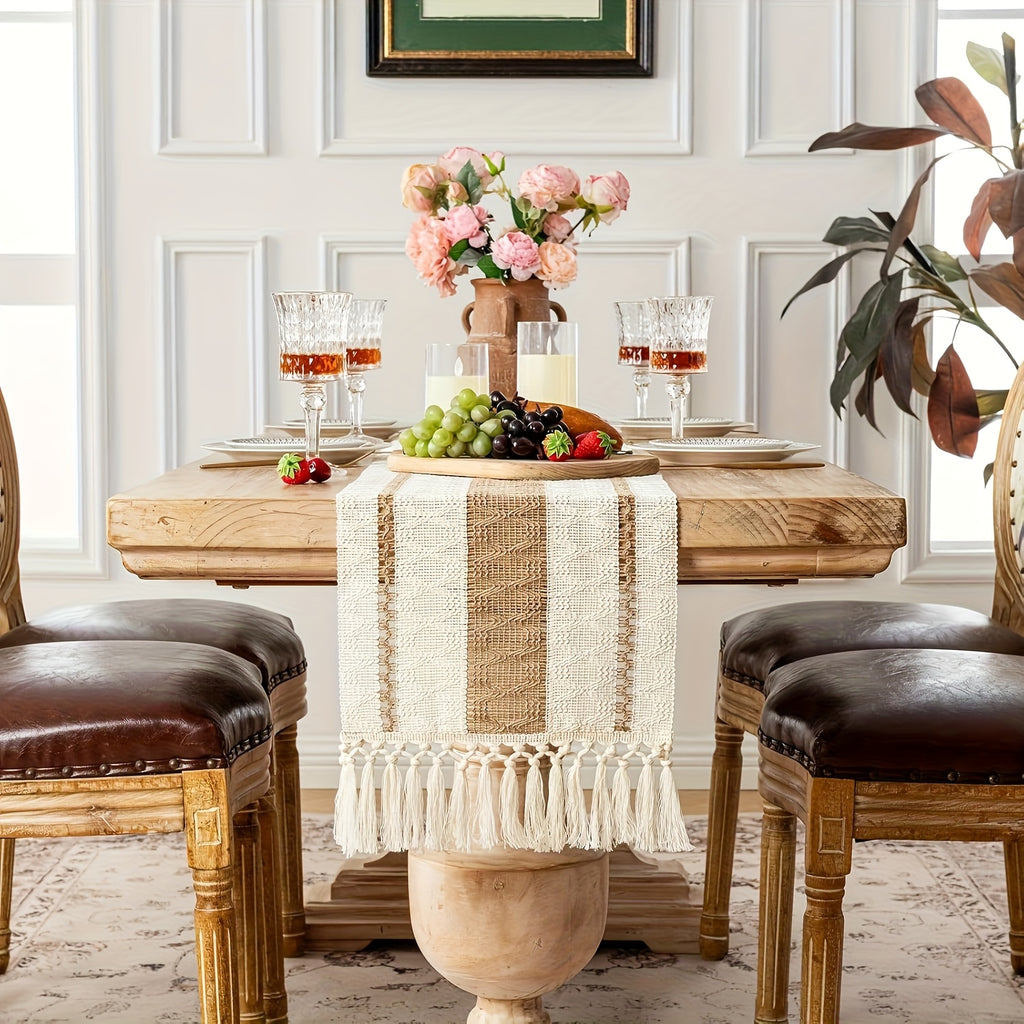 Boho Table Runner for Home Decor with Out Tassels Long Farmhouse Rustic Table Runner Macrame Burlap Table Decoration for Living Room Bridal Shower