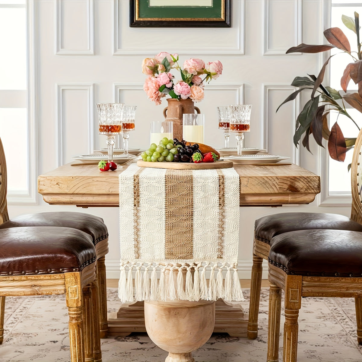 Boho Table Runner for Home Decor with Out Tassels Long Farmhouse Rustic Table Runner Macrame Burlap Table Decoration for Living Room Bridal Shower