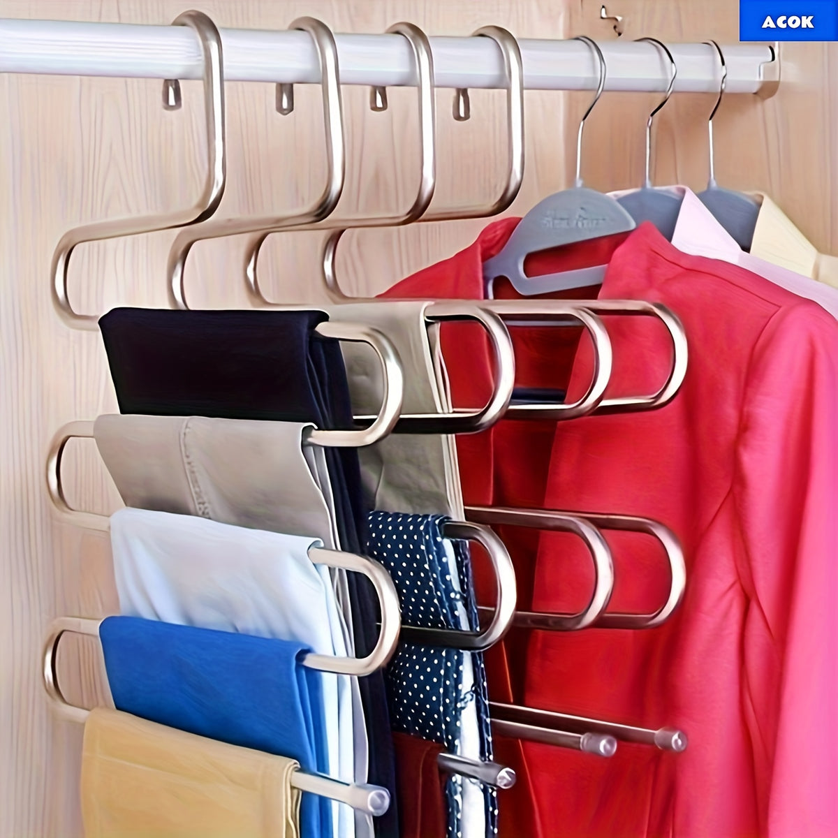 5 Tier Stainless Steel Pants Hanger S Shaped, Non Slip, No Mark Multi Layer Organizer For Closet Storage, Ideal For Jeans & Trousers, Space-Saving Design For Neat Wardrobe Organization, Clothes Organizer Storage