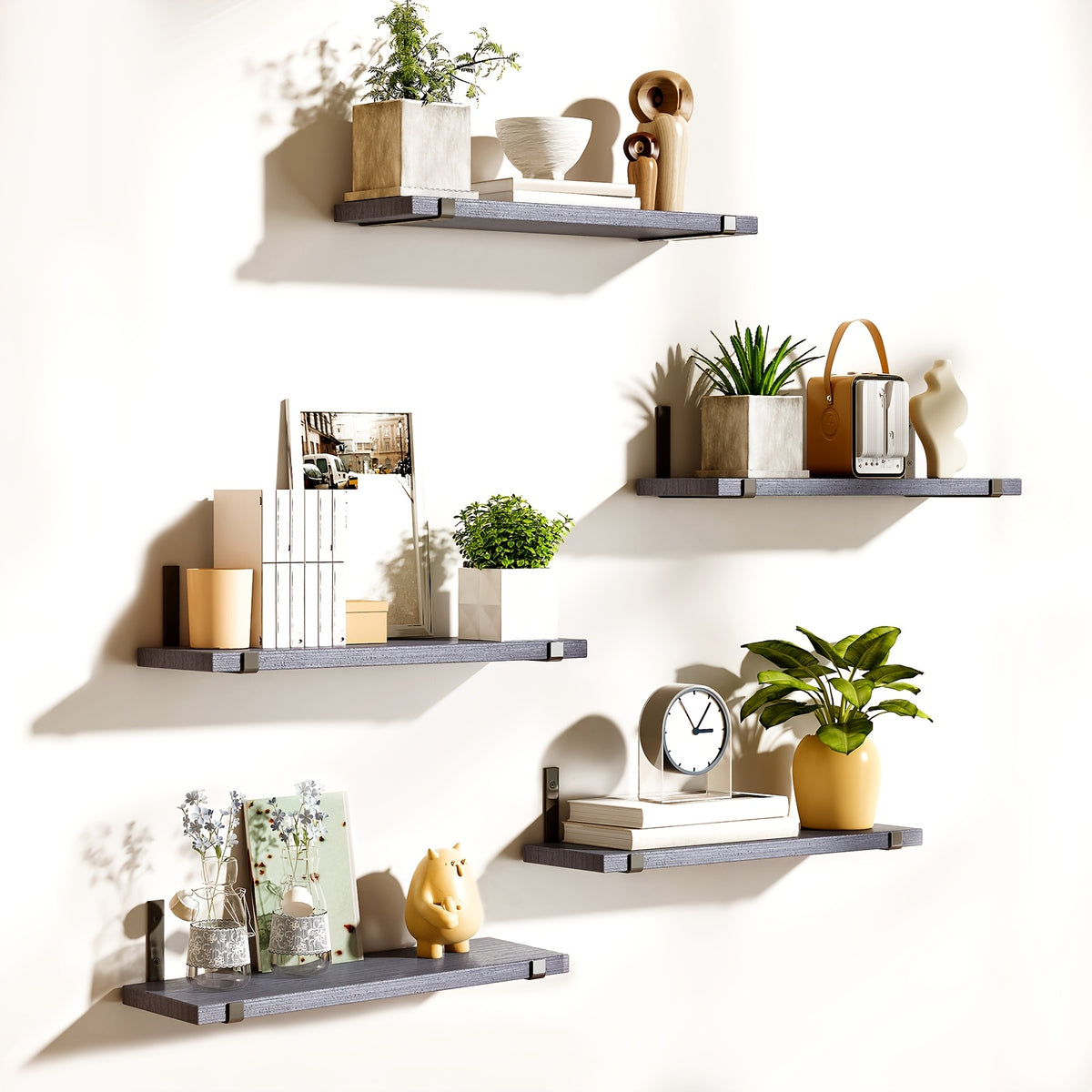 Floating Wood Wall Shelves, 5 or 10 Piece Rustic Storage Set in Gray or White, 15.8 x 4.7 Inch Ledges for Kitchen Organization and Room Displays