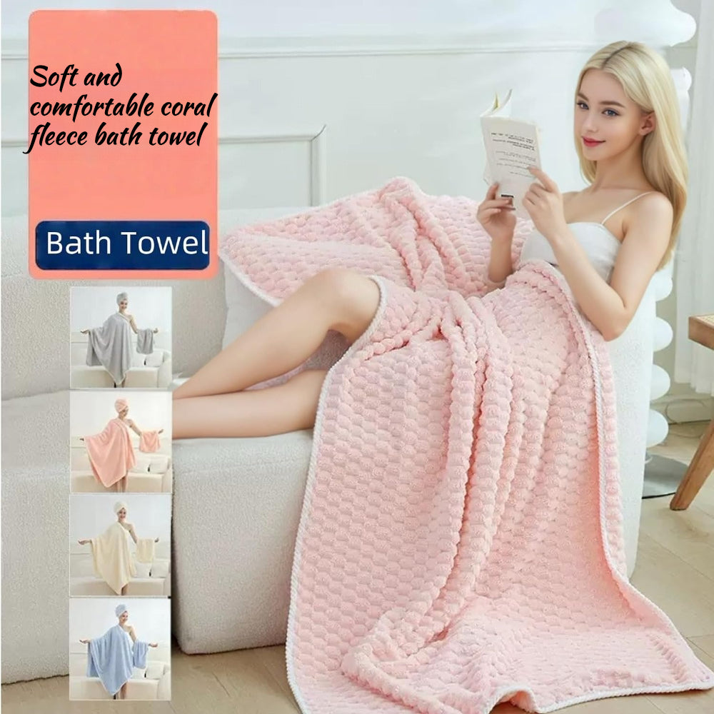 [5pcs Coral Fleece Towels] 5pcs Coral Fleece Bath Towel Set, 4 Soft Absorbent Bath Towels 27" X 55" with Hair Drying Cap, Quick Dry Plush Towels with Hanging Loop for Bathroom, Shower, Home