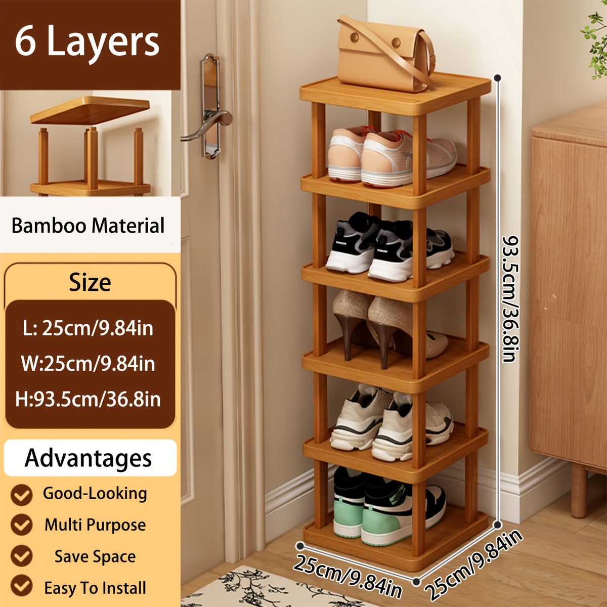 Bamboo Shoe Rack, Capable Of Storing 3/6/9 Pairs Of Shoes, Wood Grain Decoration, Easy to Assemble, Space Saving, Suitable for Entrances, Living Rooms, Bedrooms, And Dormitories. Brown. Multi Layer Independent Storage Rack.
