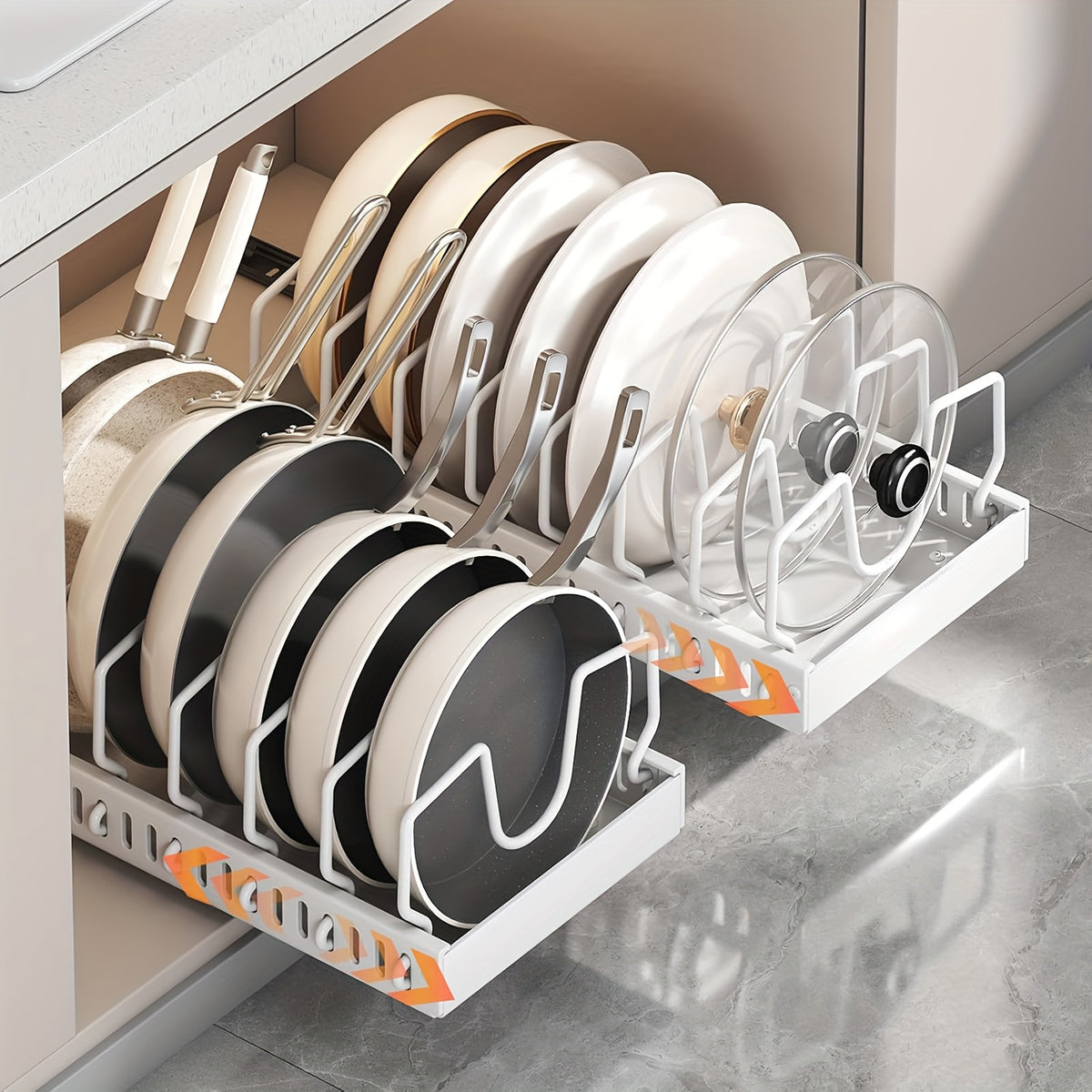 1/2pcs Pull-Out Pot And Pan Storage Box For Cabinets, Kitchen Sliding Lid Rack And Pan Holder, Cabinet Sliding Storage Box For Storing Lids, Baking Tools, And Plates, 8/16 Adjustable Dividers, Kitchen Decor And Accessories.