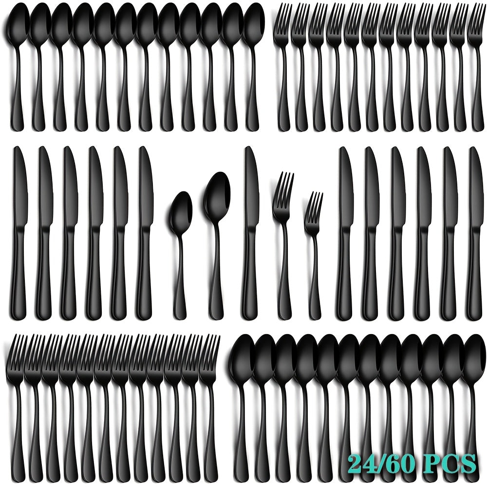24/60pcs Silvery/Black Stainless Steel Tableware Suitable for 4/12 People to Use, Steak Knife, Salad Fork, Dessert Spoons, Cutlery Set with Gift Box, Kitchen Additions, Home Outdoor, Wedding Camping Stuff, Christmas Party Gift, Dishwasher Safe