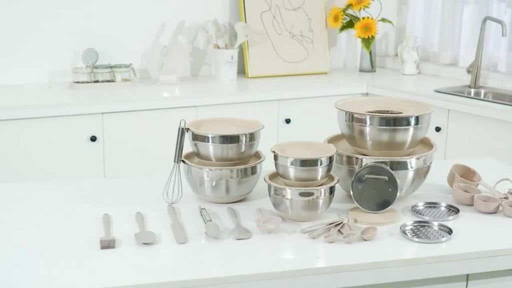 Salad Box A Set of 26 Stainless Steel Mixing Bowl Set with Lids 7 Stainless Steel Mixing Bowls - Includes Grater Attachment, Sealing Lids, Whisk & More, Non-Slip Silicone Base, Dishwasher Safe, Complete Kitchen Kit for Baking, Meal Prep, Holiday Cooking