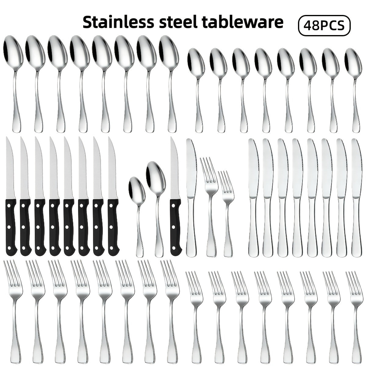 72pcs/48pcs/20pcs Stainless Steel Silverware Flatware Cutlery Set, Includes Dinner Knife Fork Spoon Steak Knives, Food Grade Rust And Scratch Resistant Tableware