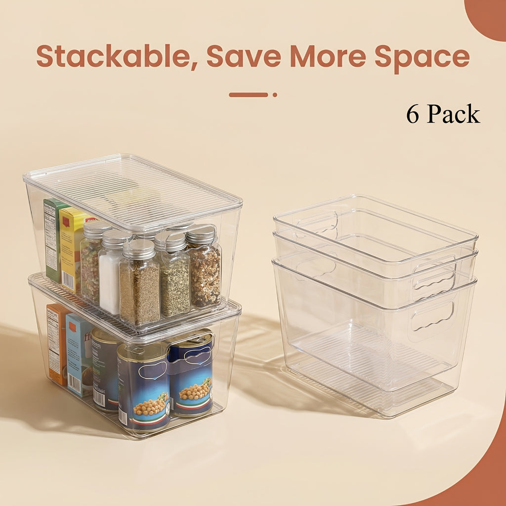 6 Pack Clear Stackable Storage Bins with Lids, Medium Plastic Containers with Handle for Pantry Organizer And Storage, Perfect for Kitchen, Fridge, Cabinet, Closet, Bathroom Organization