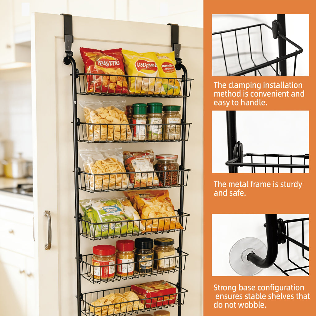 8-Tier & 6-Tier, Over The Door Pantry Organizer, Metal Hanging Storage Shelf, Adjustable Baskets, Spice Rack, For Kitchen, Pantry, Laundry, Bathroom, Multifunctional, Black & White, Door-Mounted Organizer, Utility Racks